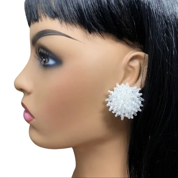 Clear Glass Beaded Burst Large Statement Handmade Stud Earrings - Picture 2 of 3